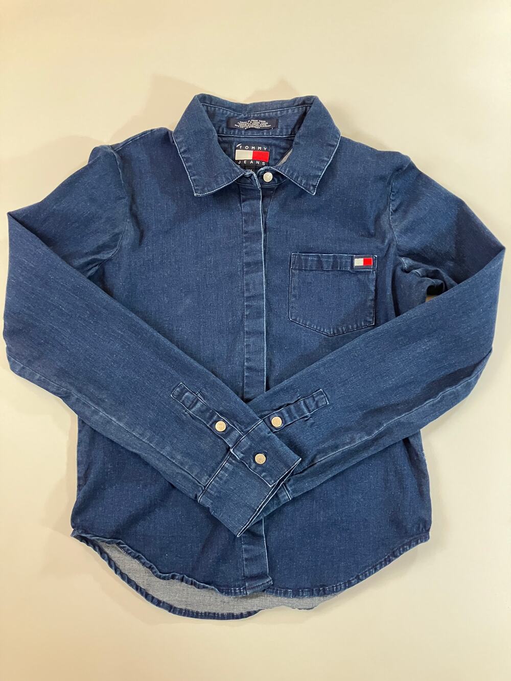 Vintage 90s Tommy Jeans Women’s M Denim Shirt Flag Logo Hong Kong Cotton